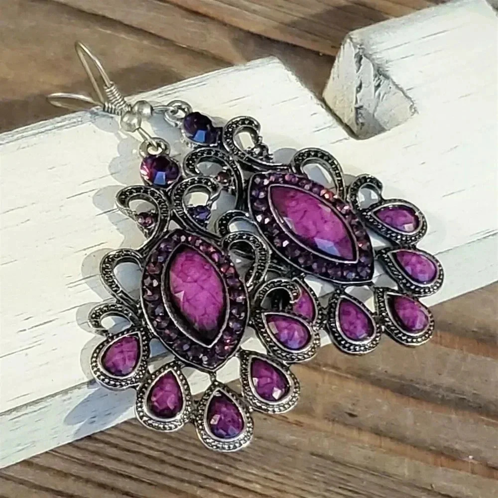 Vintage 90s Lacy Purple Marquise Antique Silver Acrylic Crystal Dangle Earrings - Picture 6 of 8